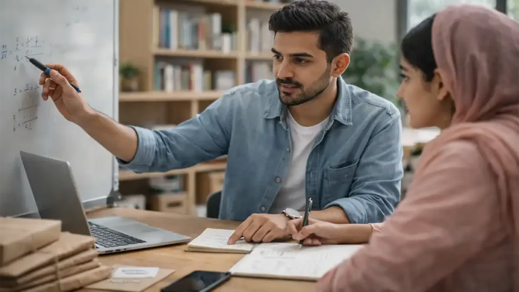 Pakistani tutor teaching a student in a bright study space with a whiteboard, notebook, and laptop showing a low-investment service business.