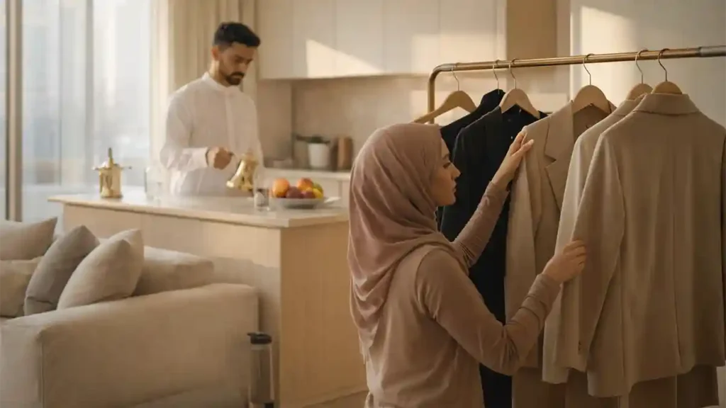 Saudi woman choosing a neutral capsule wardrobe on a clothing rack in a bright modern Riyadh apartment while a man prepares Arabic coffee and fruit breakfast.