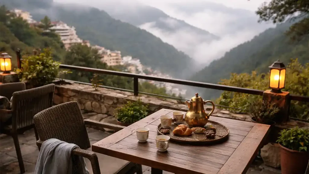 Outdoor café terrace in Abha with Saudi coffee set, breakfast, and misty Asir Mountains in the background