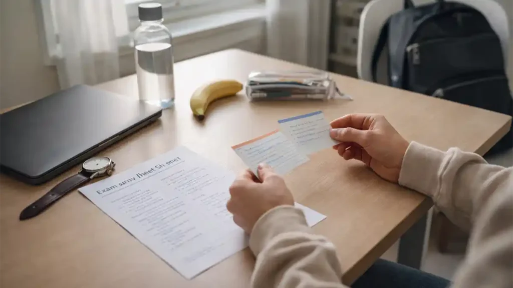 Student reviewing flashcards at a bright desk with a water bottle, banana, exam checklist sheet, and backpack before an exam
