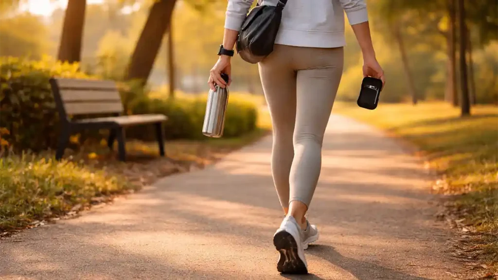 Person walking briskly on a park path in golden morning light holding a water bottle and earbuds, showing a simple daily habit and healthy routine