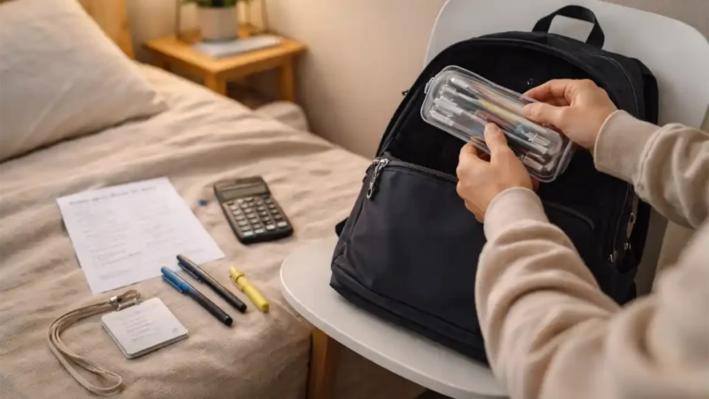 Student packing a backpack the night before an exam with a calculator, pens, ID card, checklist sheet, and clear pencil case