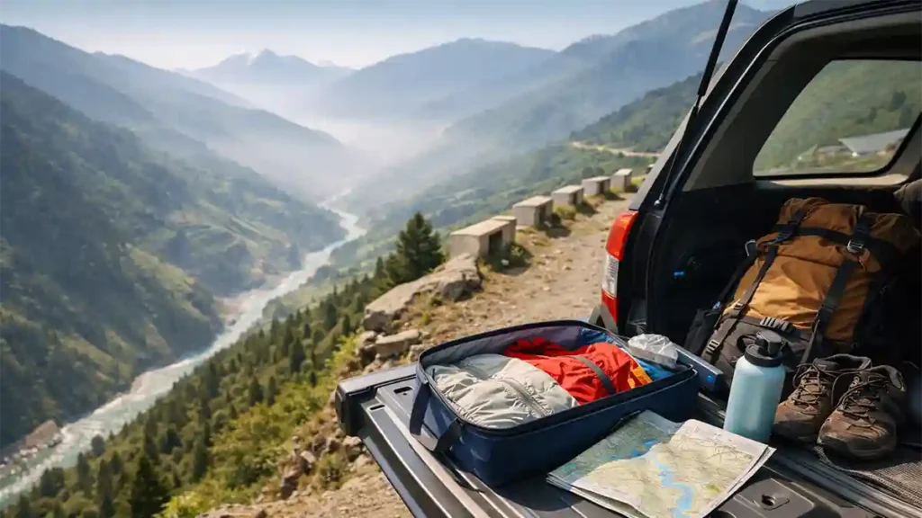 Open car trunk at a mountain viewpoint with packing cubes, hiking shoes, water bottle, and map overlooking a deep green valley in northern Pakistan