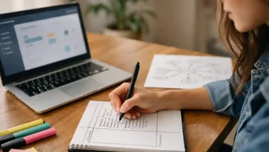 Student writing Cornell-style notes at a desk with laptop and mind map sheet, showing effective note-taking methods for study.