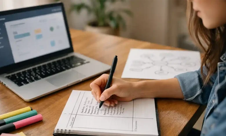Student writing Cornell-style notes at a desk with laptop and mind map sheet, showing effective note-taking methods for study.