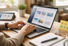 Person studying online courses at a home desk with laptop, tablet, notebook, and earbuds in natural daylight