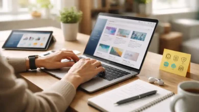 Person studying online courses at a home desk with laptop, tablet, notebook, and earbuds in natural daylight