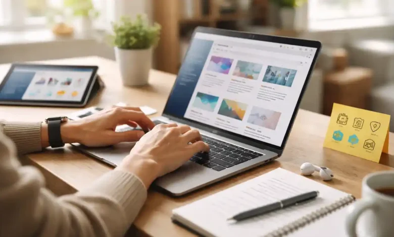 Person studying online courses at a home desk with laptop, tablet, notebook, and earbuds in natural daylight