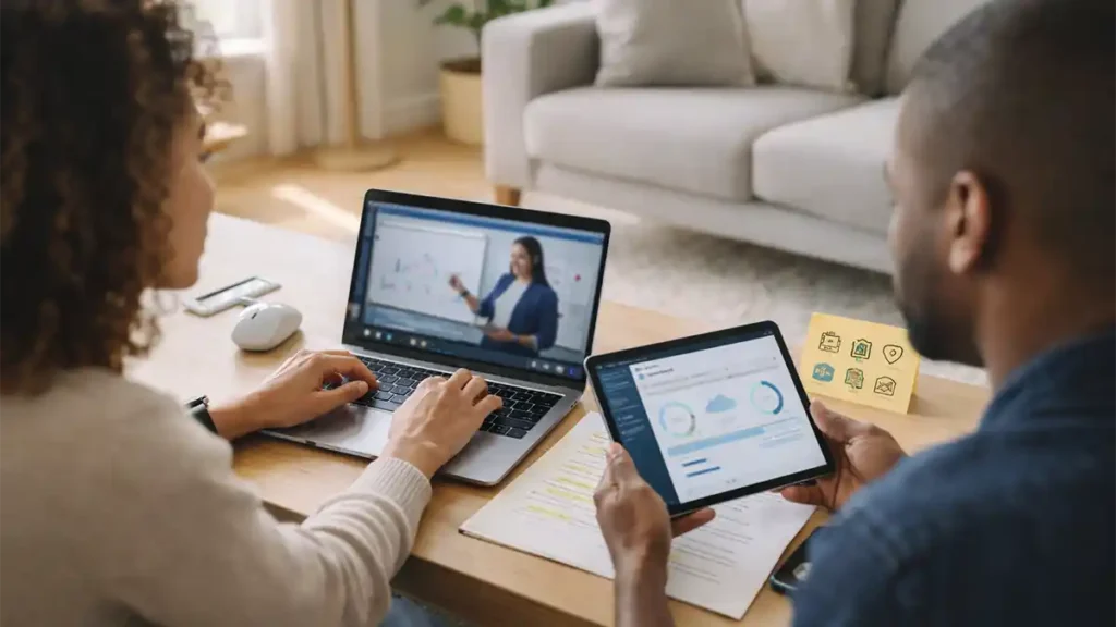 Two people learning online at home using a laptop and tablet with course progress, notes, and study materials in natural light