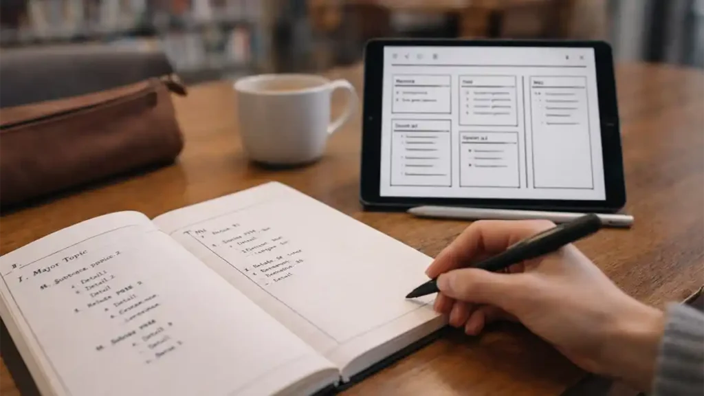 Handwriting outline notes in a notebook beside a tablet showing boxed digital notes on a library table, illustrating modern note-taking methods.