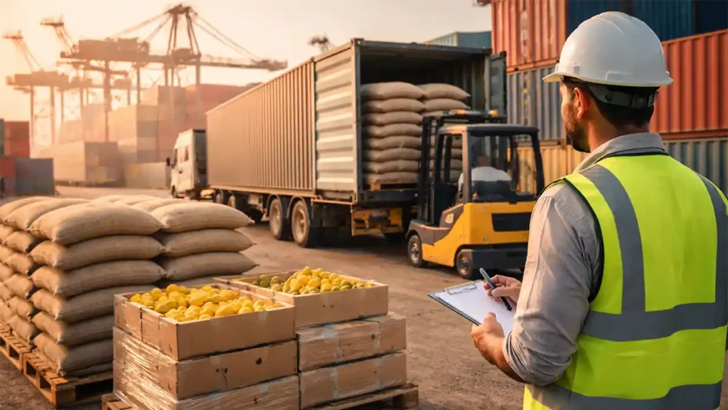 Logistics worker at a Pakistan port overseeing pallets of rice sacks and fruit cartons being loaded into a shipping container by forklift at sunset.