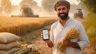 Pakistani farmer holding wheat and a smartphone with crop price chart in a golden wheat field, with a combine harvester working in the background.