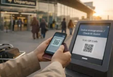 Traveler scans a QR code at a self-service airport kiosk using a smartphone for online immigration pre-check in Pakistan