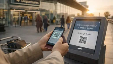 Traveler scans a QR code at a self-service airport kiosk using a smartphone for online immigration pre-check in Pakistan