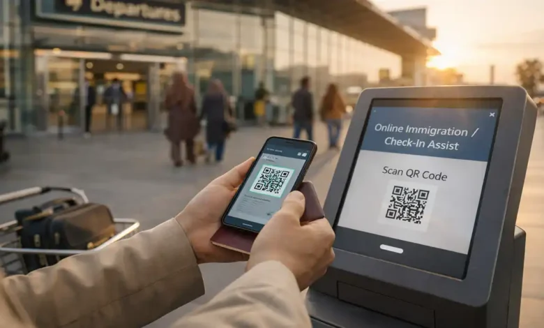Traveler scans a QR code at a self-service airport kiosk using a smartphone for online immigration pre-check in Pakistan