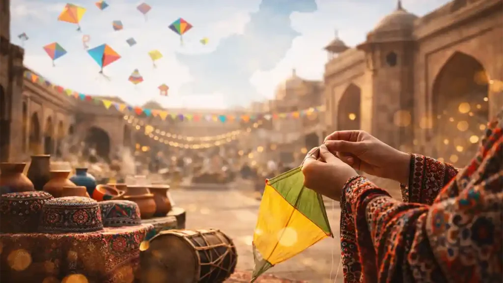 Daytime Pakistan cultural festival courtyard with kites, craft stall, pottery, embroidered caps, and soft sunlight in a travel-editorial style.