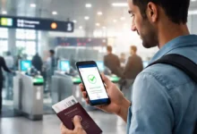Traveler using smartphone for e-immigration verification at a Pakistan airport