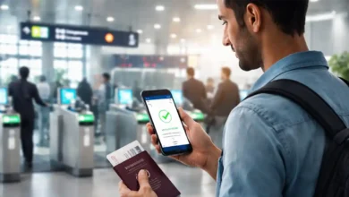 Traveler using smartphone for e-immigration verification at a Pakistan airport