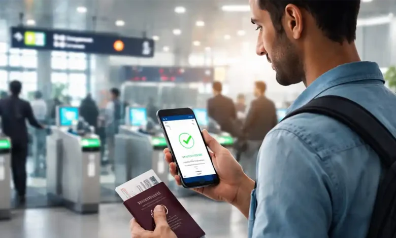 Traveler using smartphone for e-immigration verification at a Pakistan airport