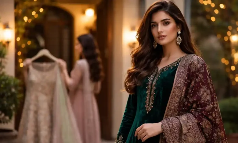 Pakistan fashion trends with velvet winter formal styling and wedding season details