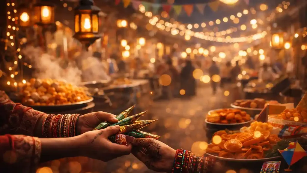 Pakistan night bazaar festival scene with lantern lights, bunting, sweets, henna detail, and warm cinematic bokeh.