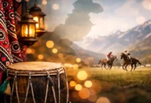 Collage-style Pakistan festival scene with ajrak textile, dhol drum, warm lanterns, Pakistan map silhouette, and polo riders in the mountains.