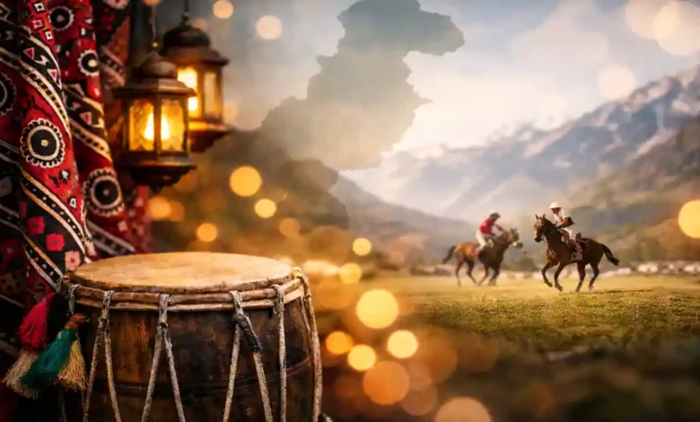 Collage-style Pakistan festival scene with ajrak textile, dhol drum, warm lanterns, Pakistan map silhouette, and polo riders in the mountains.