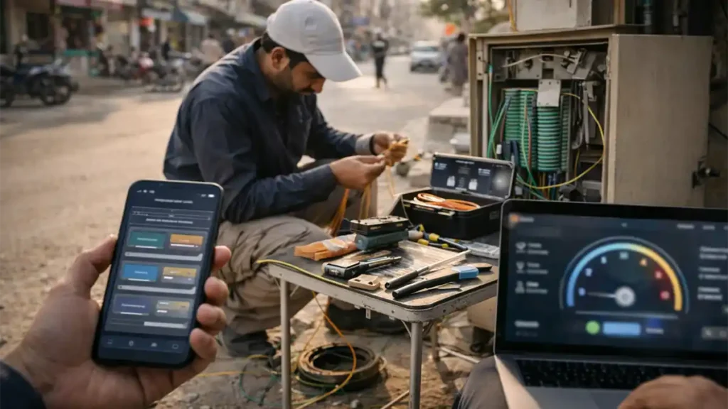 Technician splicing fiber optic cable on a Pakistani street while a customer compares internet packages on a smartphone