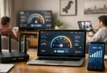 Wi-Fi router, laptop speed test screen, and phone showing fiber/4G signal in a Pakistani home workspace