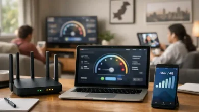 Wi-Fi router, laptop speed test screen, and phone showing fiber/4G signal in a Pakistani home workspace