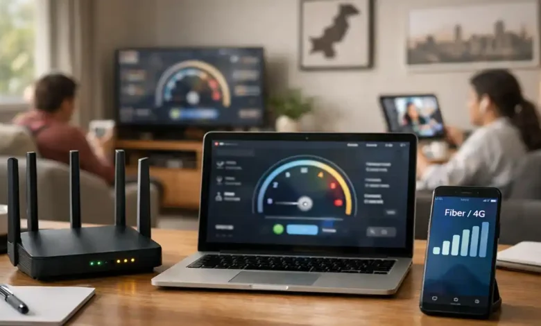 Wi-Fi router, laptop speed test screen, and phone showing fiber/4G signal in a Pakistani home workspace