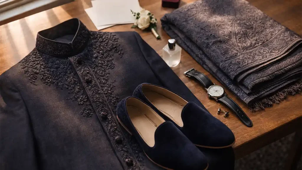 Flat lay of Pakistani groom winter wedding sherwani with shawl and khussas