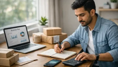 Young Pakistani entrepreneur planning a low-investment business at a home office with laptop, budget notes, calculator, and parcels.