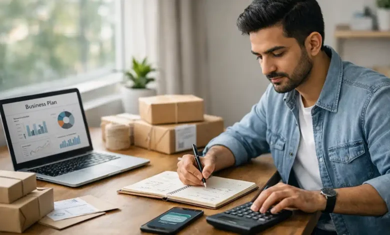 Young Pakistani entrepreneur planning a low-investment business at a home office with laptop, budget notes, calculator, and parcels.