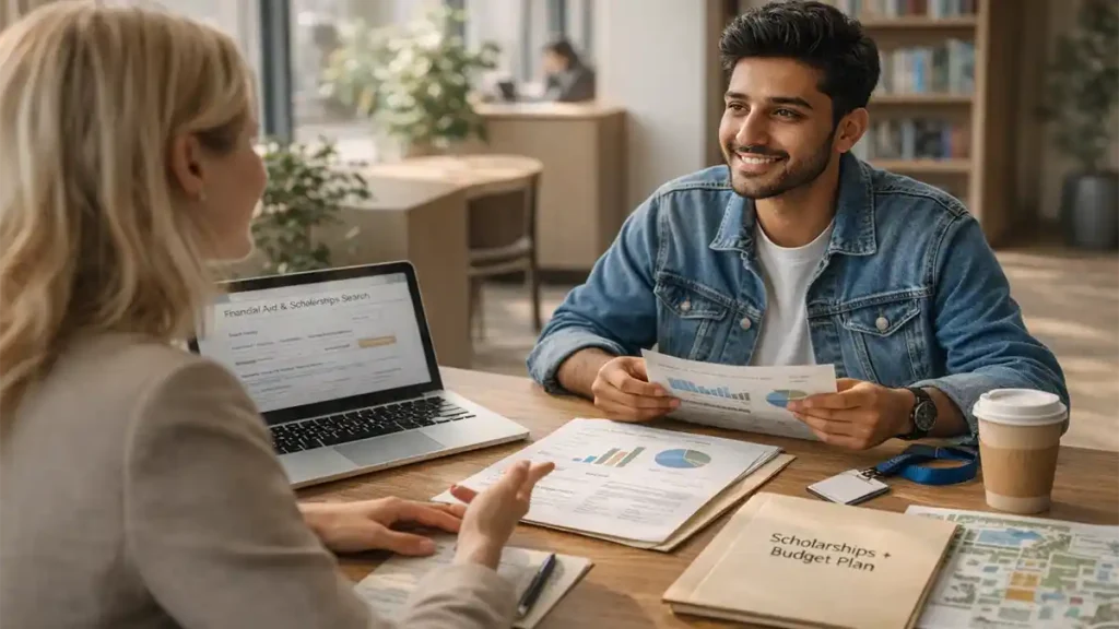 Pakistani student meeting an international advisor to review U.S. scholarships, financial aid options, and study budget planning on campus.