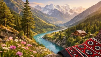 Turquoise river winding through a green valley with pine trees and snow-capped Karakoram peaks at sunset in northern Pakistan