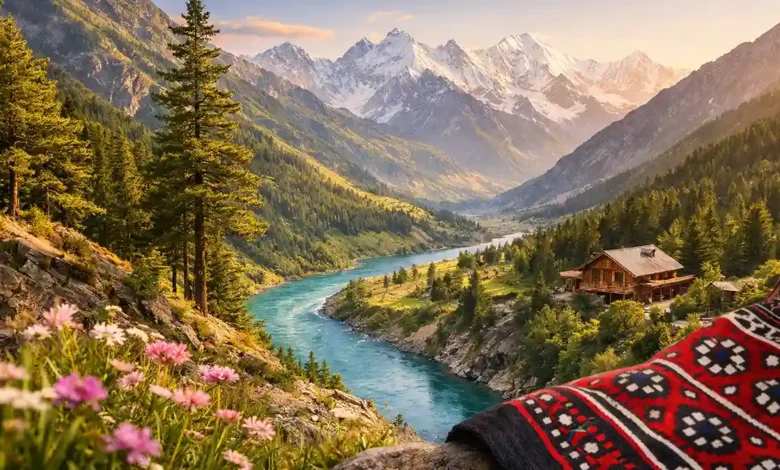 Turquoise river winding through a green valley with pine trees and snow-capped Karakoram peaks at sunset in northern Pakistan