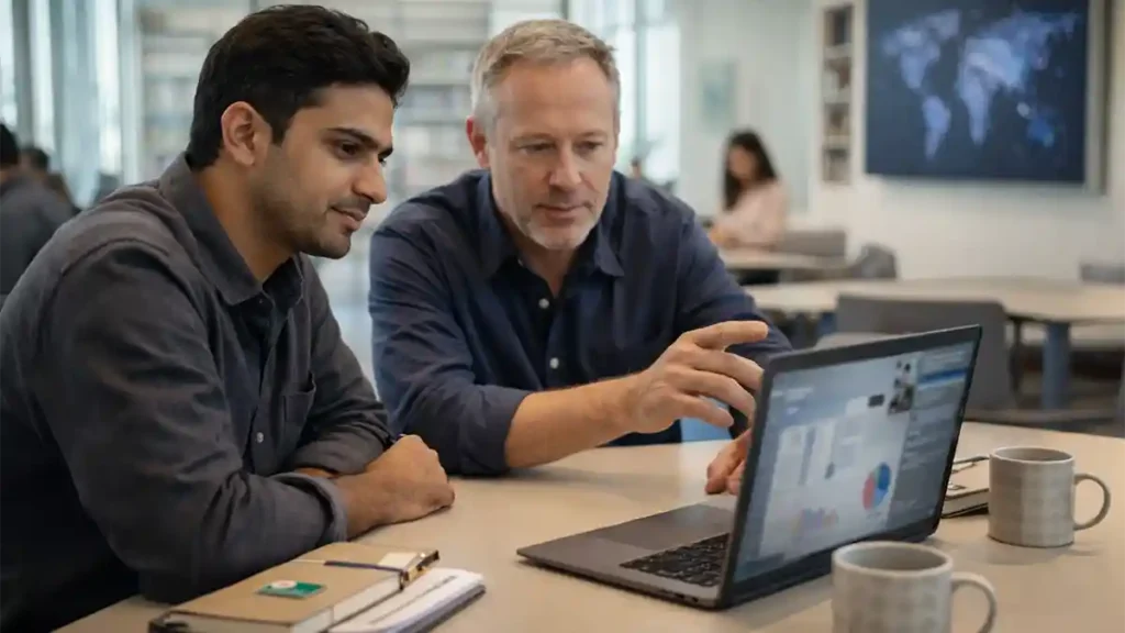 A Pakistani student and an American mentor collaborate on a laptop in a modern campus workspace, symbolizing Pakistan–U.S. cooperation in 2026.