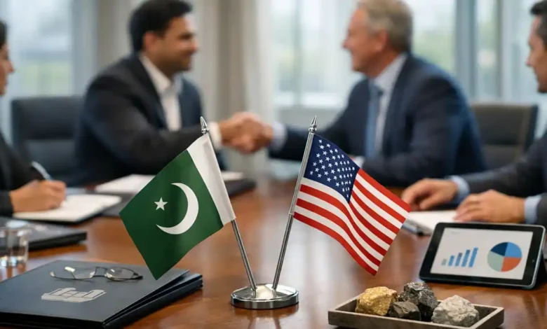 Pakistan and U.S. desk flags on a conference table as delegates shake hands during a diplomatic meeting, symbolizing 2026 relations.