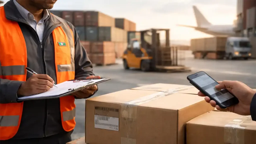 Logistics staff scan a barcode on sealed export boxes at a cargo terminal, symbolizing Pakistan–U.S. trade activity in 2026.