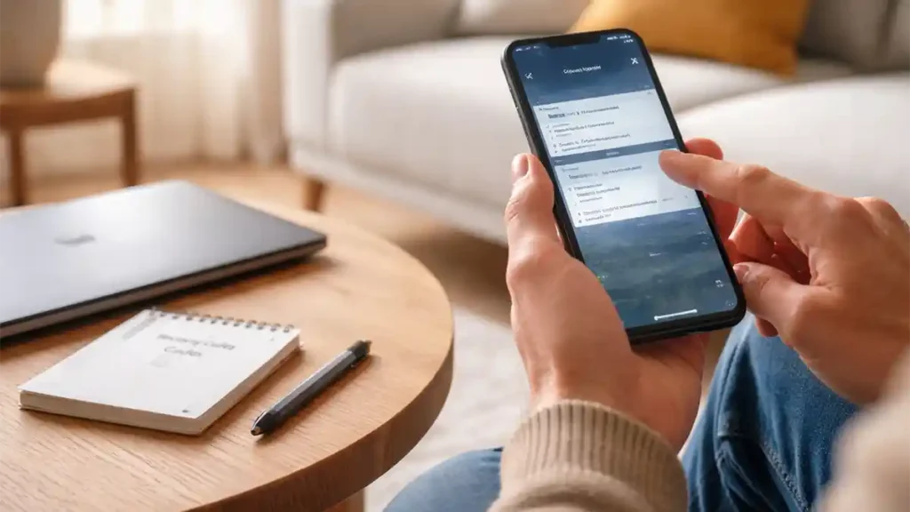 Person checking security settings on a smartphone with a closed laptop and a recovery codes notebook on a coffee table in a bright living room.