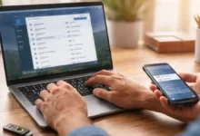Hands using a laptop with a password manager while holding a phone showing a two-factor authentication code, with a security key on the desk.