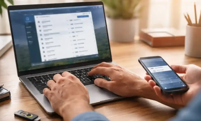 Hands using a laptop with a password manager while holding a phone showing a two-factor authentication code, with a security key on the desk.