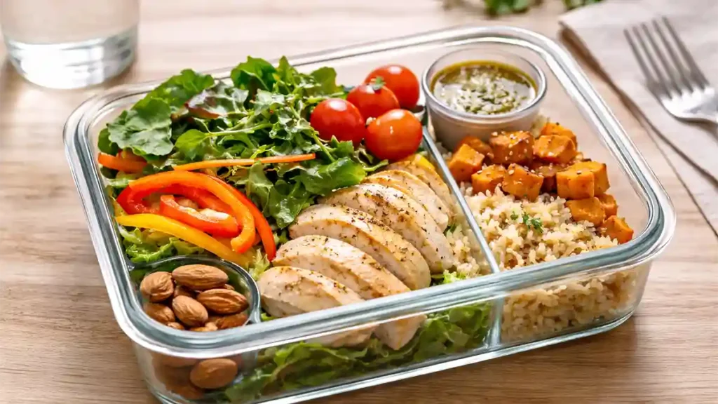 Glass meal prep container with half vegetables, grilled chicken, whole grains, roasted sweet potatoes, and a small cup of dressing.