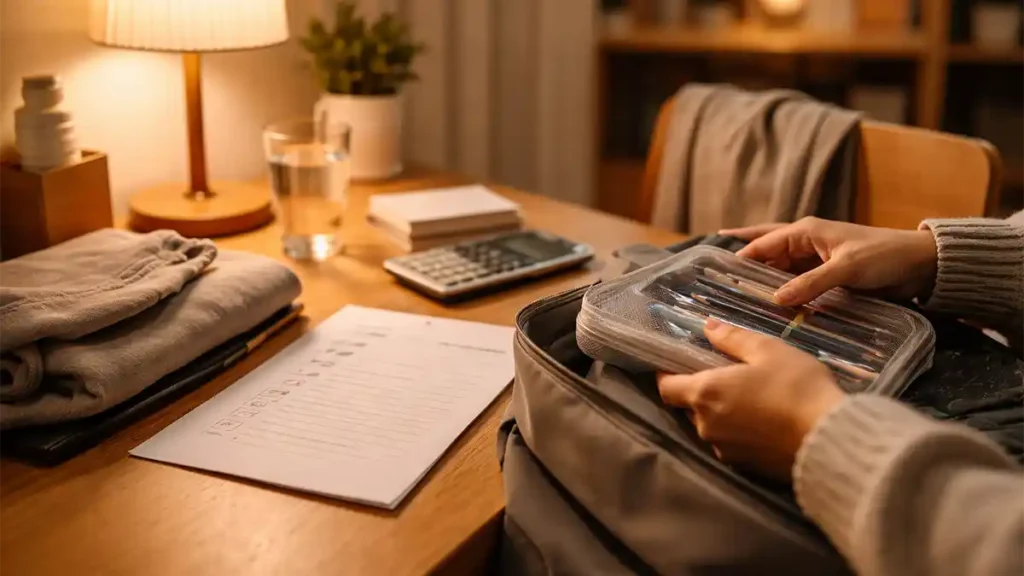 Student packing an exam kit at a warm-lit desk with pens, calculator, and checklist for a calm pre-exam routine