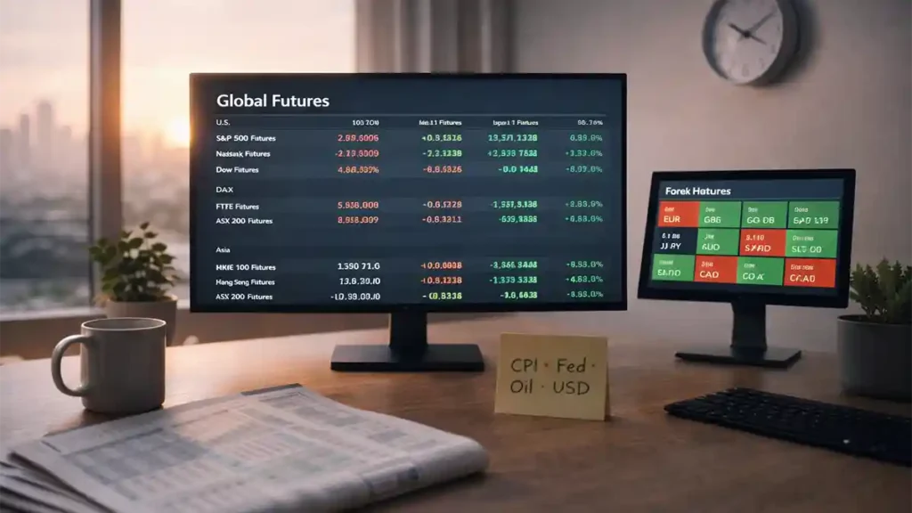 Home office desk with screens showing global futures and forex heatmap, sticky note listing CPI, Fed, oil, and USD, in soft sunrise light.