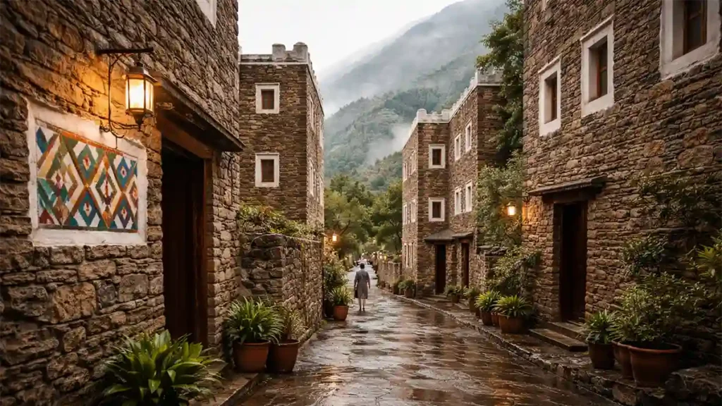 Stone heritage village street near Abha with wet pathway, traditional Asir buildings, and subtle Asiri geometric wall art