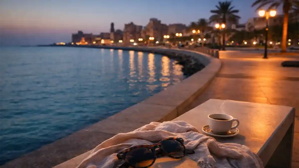 Jeddah Corniche in winter at blue hour with calm Red Sea water and warm lights