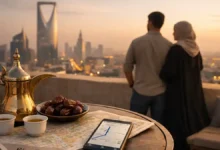 Riyadh skyline at sunset from a rooftop, with Arabic coffee, dates, a Riyadh map, and a smartphone route on a table.