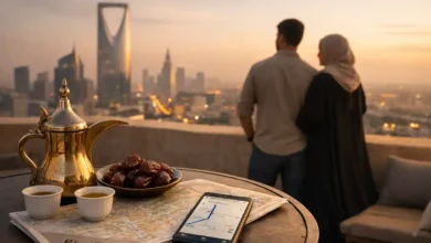 Riyadh skyline at sunset from a rooftop, with Arabic coffee, dates, a Riyadh map, and a smartphone route on a table.